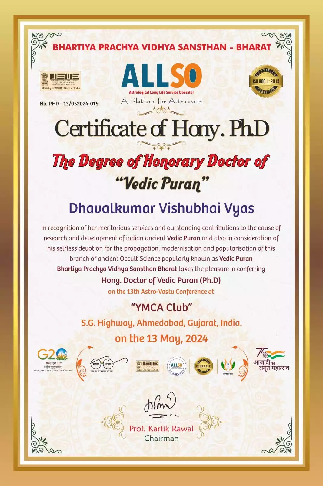 Honorary Ph.D. — Vedic Puran